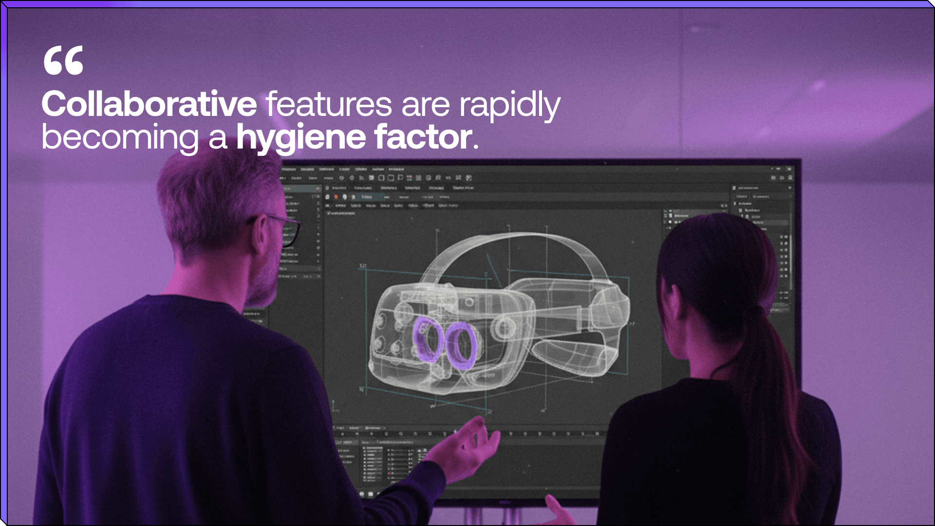 Two designers looking at a screen, collaborating on a 3d model